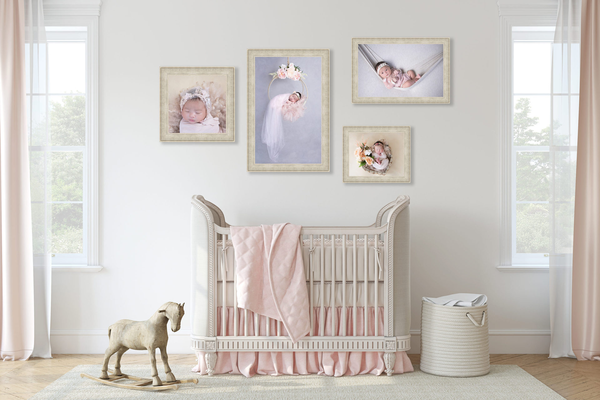 Baby bedroom showing four pieces of wall art images taken at Gaby Clark Photography