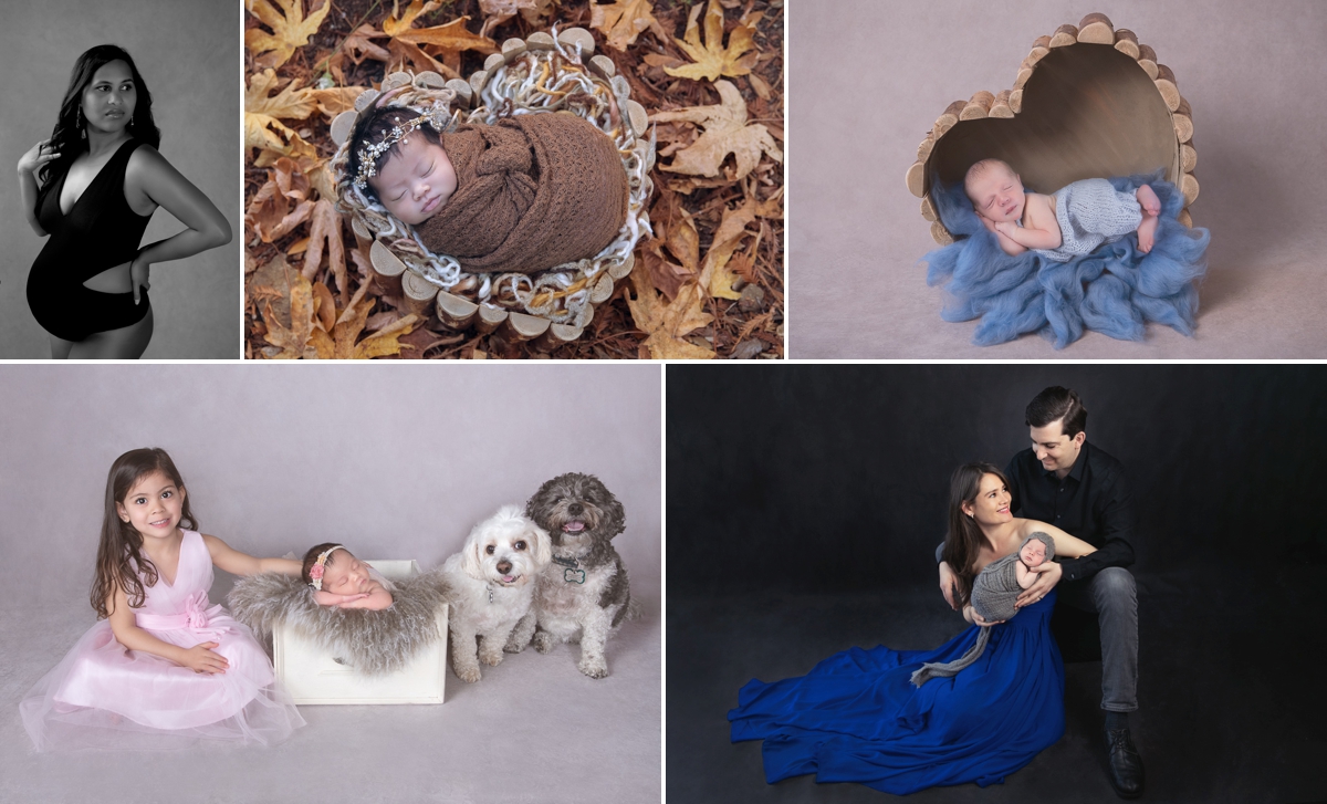 Collage. Pregnant woman wearing a black outfit. 2 newborns. One photo outdoors. Second photo indoors. A girl, two dogs and a her newborn sister. A couple and their newborn son.