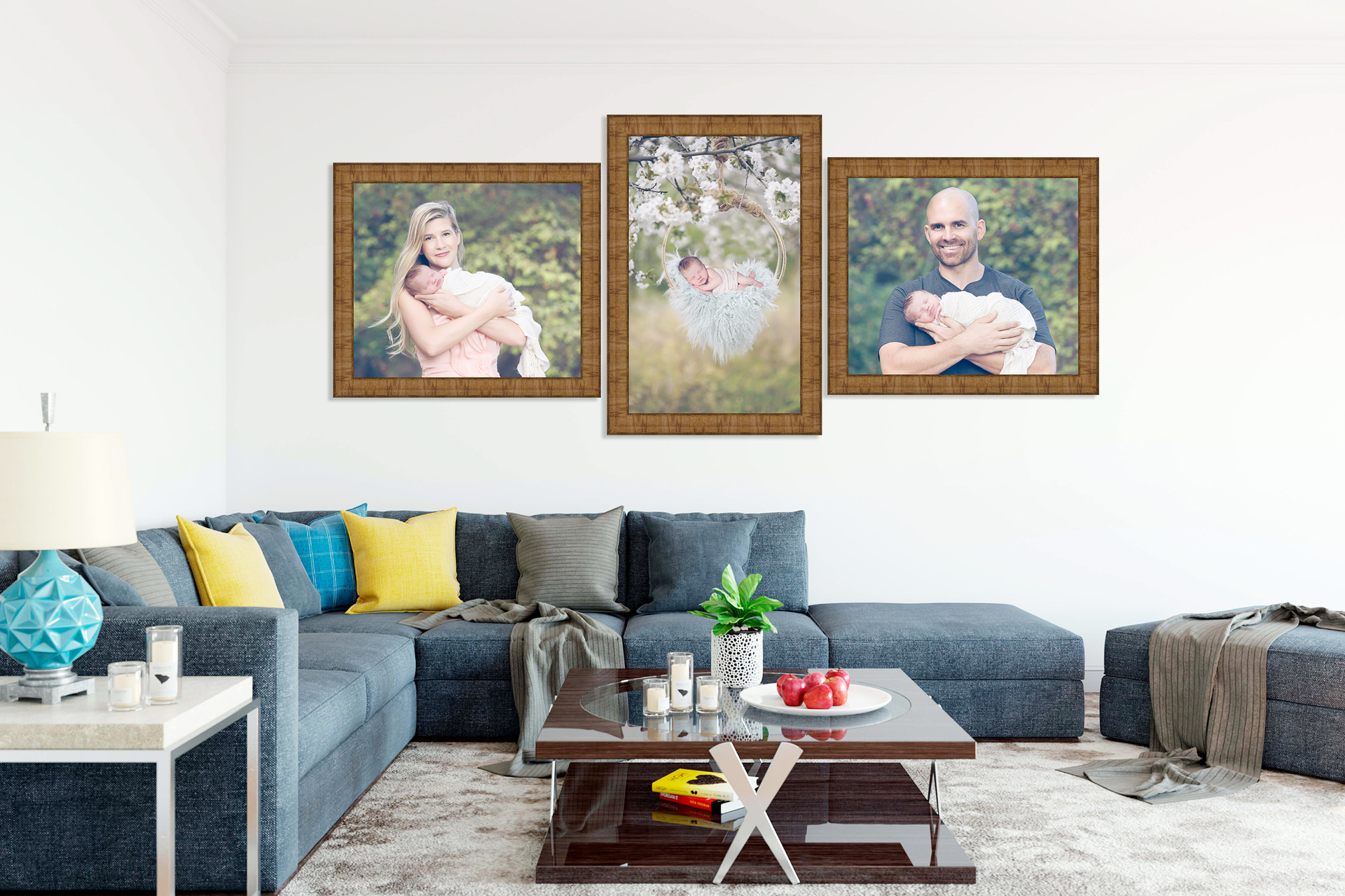 Livingroom showing three pieces of wall art. Outdoors photos taken at Gaby Clark Photography. Newborn in the middle, mom and newborn on the left, dad and newborn on the right.
